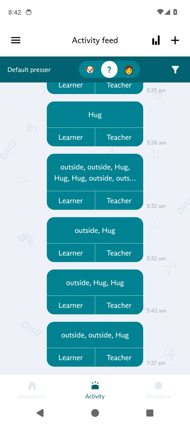 The Activity feed in the FluentPet app, with the Default presser switch at the top and a list of button presses, each assigned to a learner and a teacher.