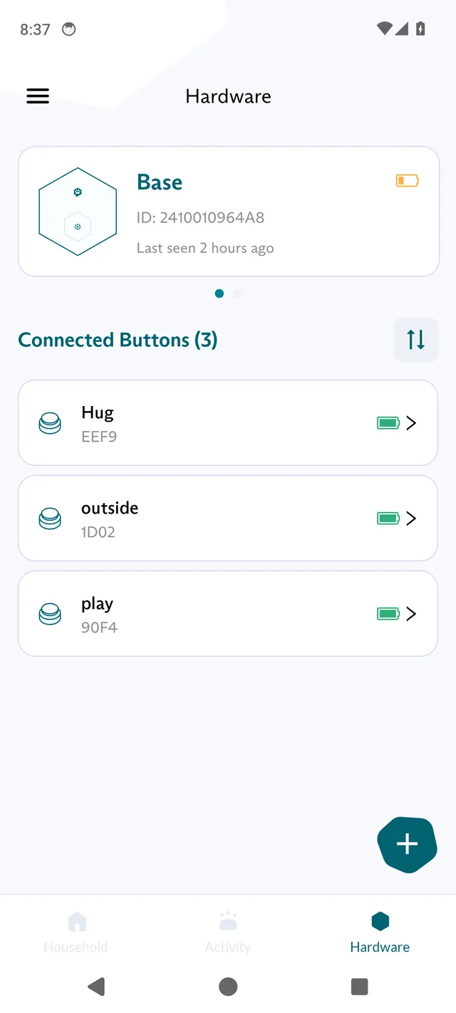 The Hardware tab in the FluentPet app, showing a Base and its Connected Buttons list.