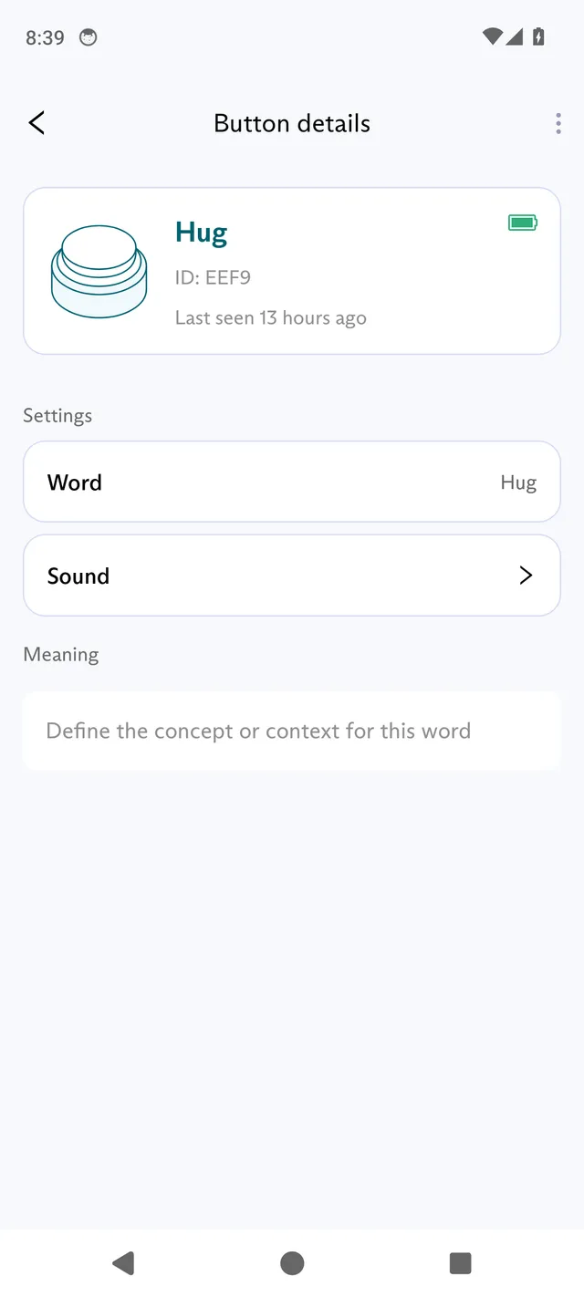 The Button details screen in the FluentPet app, with the Button's name, ID, word and sound, and the three-dot menu icon at the top right.