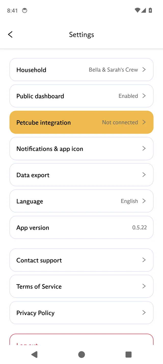The Settings screen in the FluentPet app, with the household and app settings.