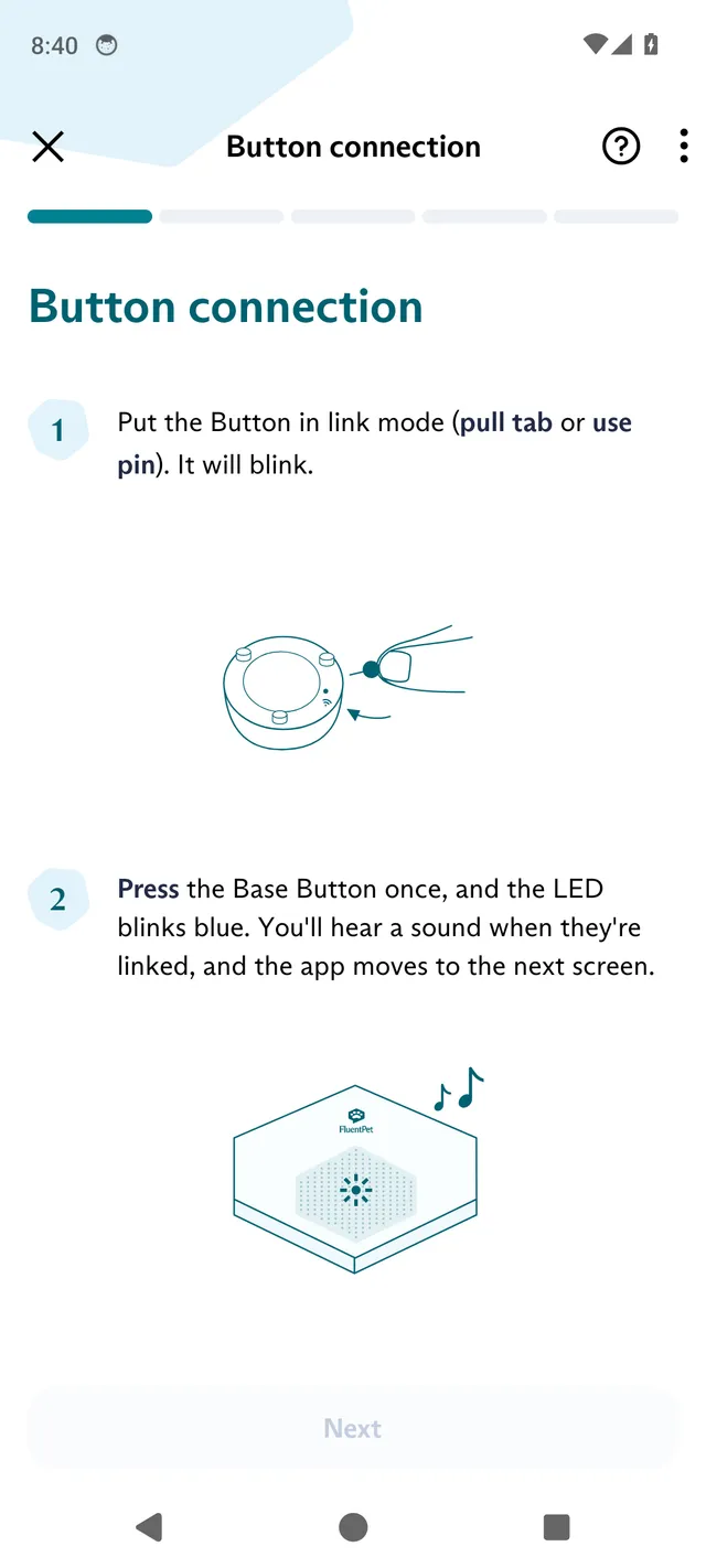 The Button connection screen in the FluentPet app, with step 1 to put the Button in link mode and step 2 to press the Base Button.