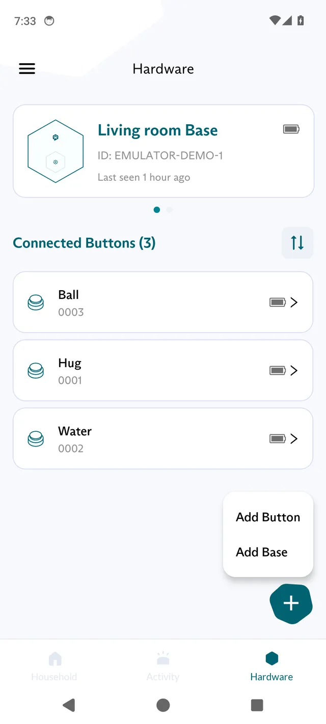 The Hardware tab in the FluentPet app with the + menu open, showing Add Button and Add Base.