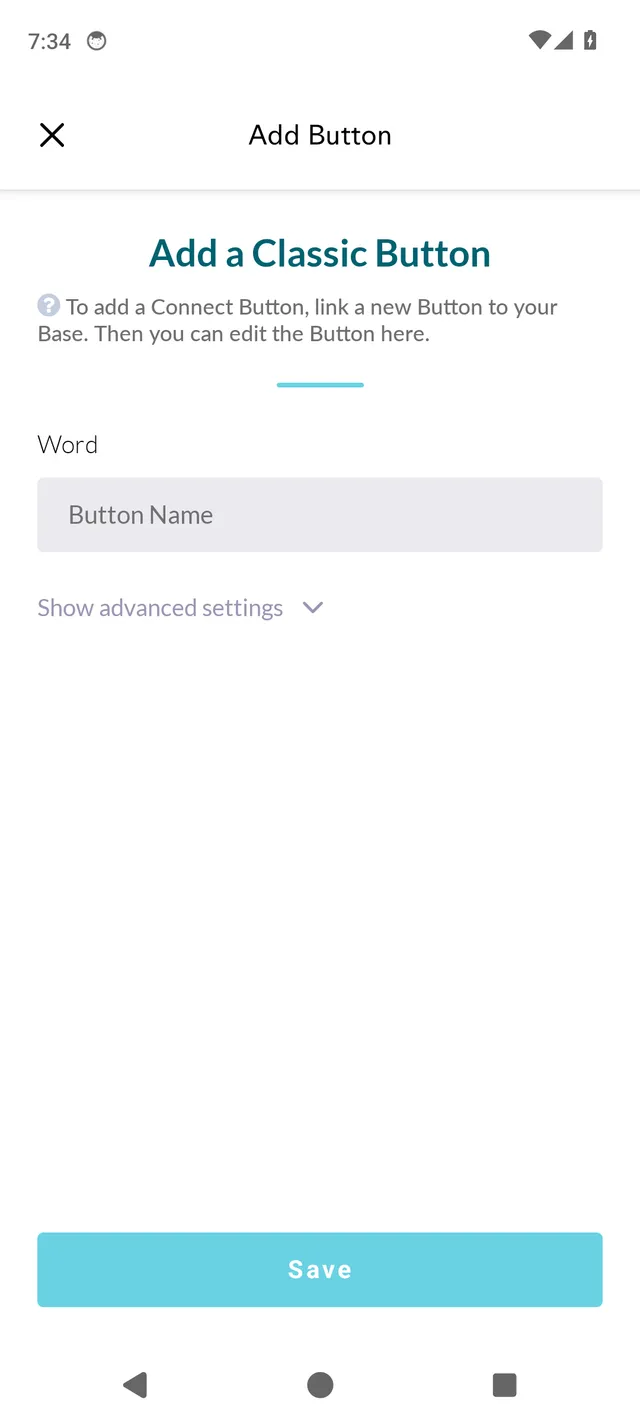The Add a Classic Button screen in the FluentPet app, with a Word field and a Save button.
