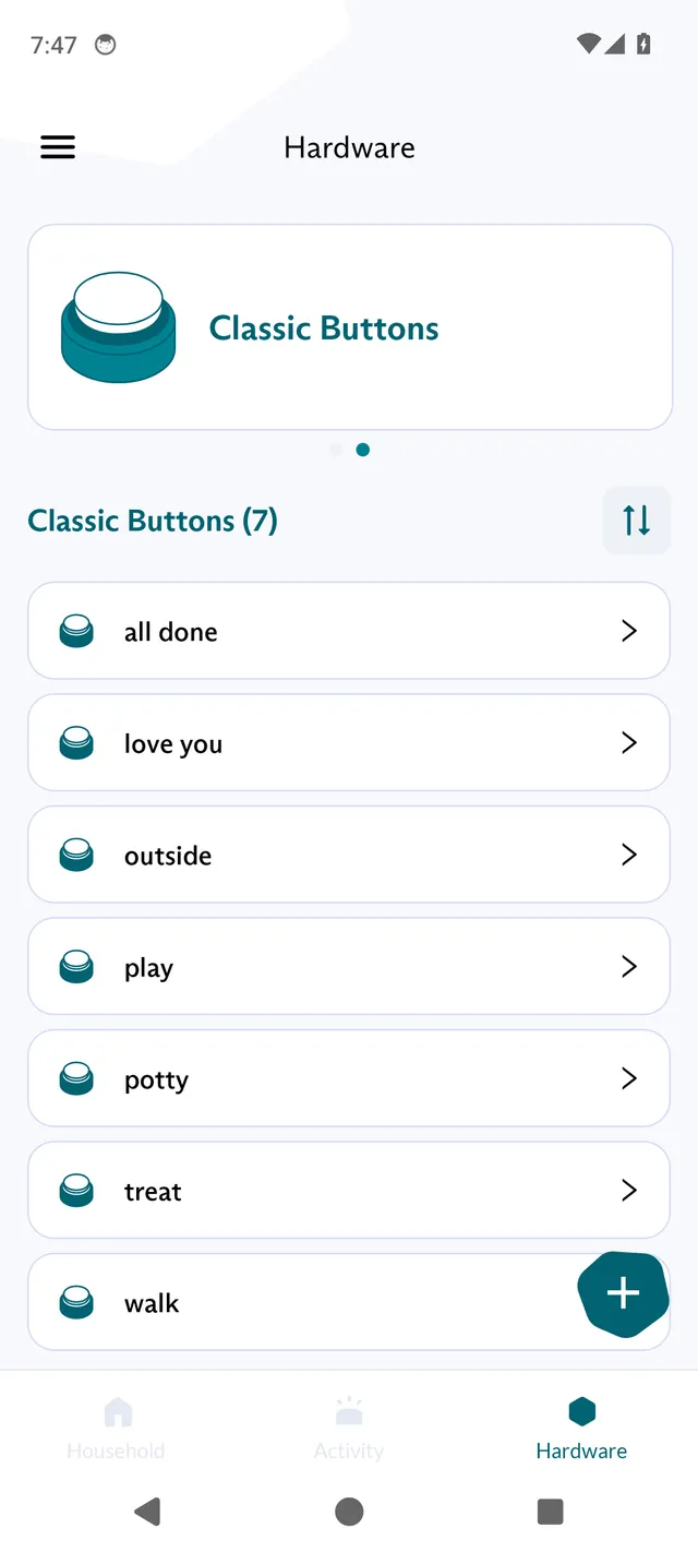 The Hardware tab in the FluentPet app swiped to the last card, Classic Buttons, with a Classic Buttons list of seven buttons.