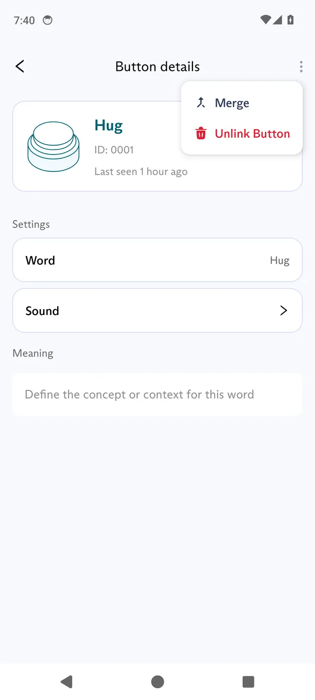 The Button details screen in the FluentPet app for a Connect Button, with its ID, when it was last seen, the Word, Sound and Meaning settings, and the three-dot menu open on Merge and Unlink Button.