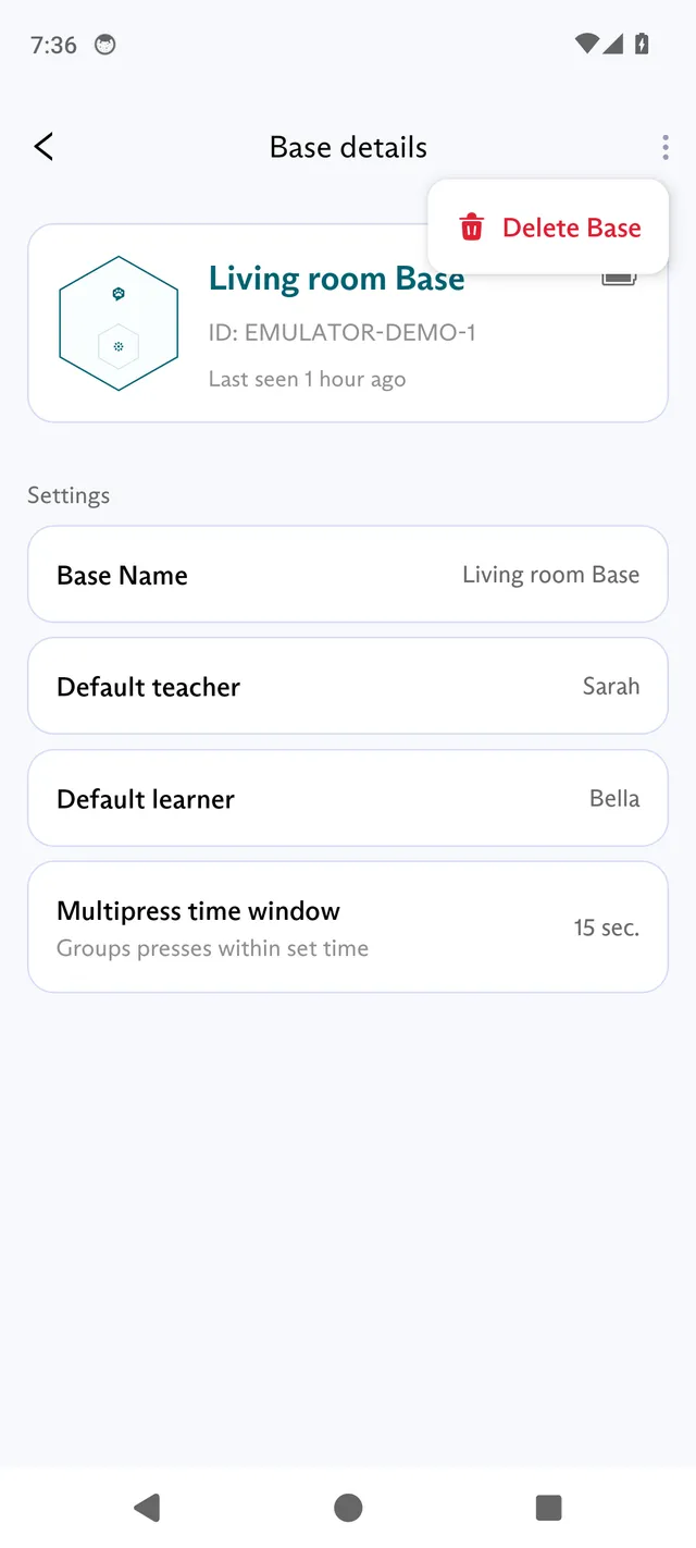 The Base details screen in the FluentPet app with the three-dot menu open on Delete Base.
