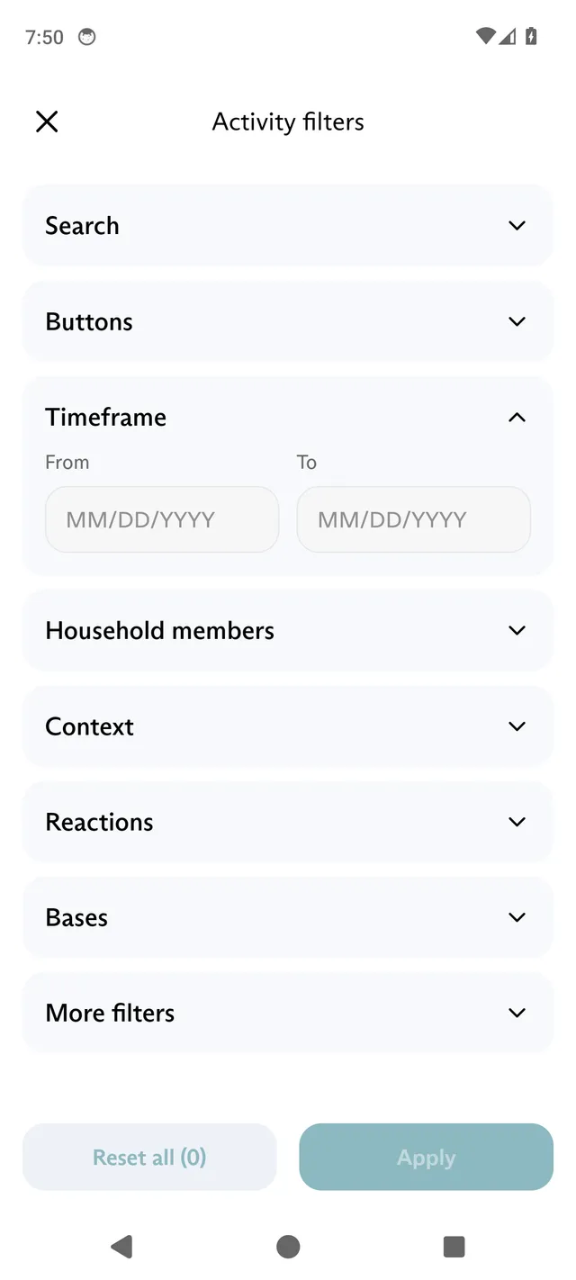 The Activity filters screen in the FluentPet app, with the Search, Buttons, Timeframe, Household members, Context, Reactions, Bases and More filters sections, and the Reset all and Apply buttons.