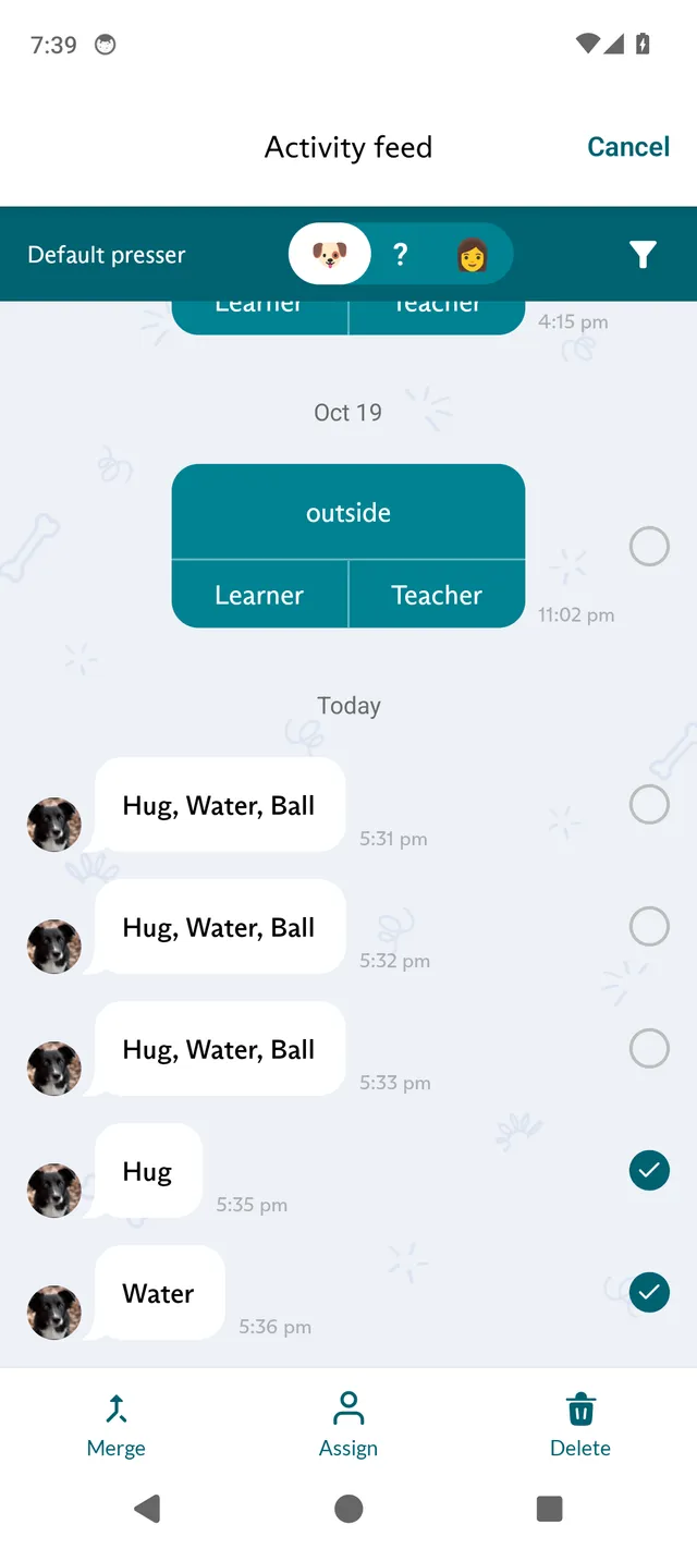 The Activity feed in the FluentPet app with two entries selected, Cancel at the top right, and the Merge, Assign and Delete bar at the bottom.
