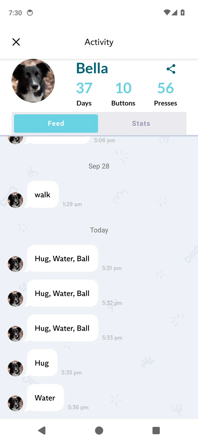 A learner's Activity screen in the FluentPet app, with the number of days, buttons and presses, the Feed and Stats tabs, and the learner's entries.