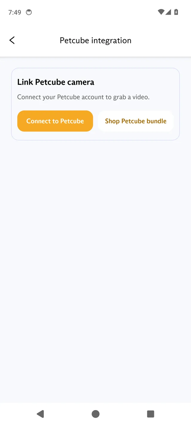 The Petcube integration screen in the FluentPet app, with Link Petcube camera and the Connect to Petcube and Shop Petcube bundle buttons.