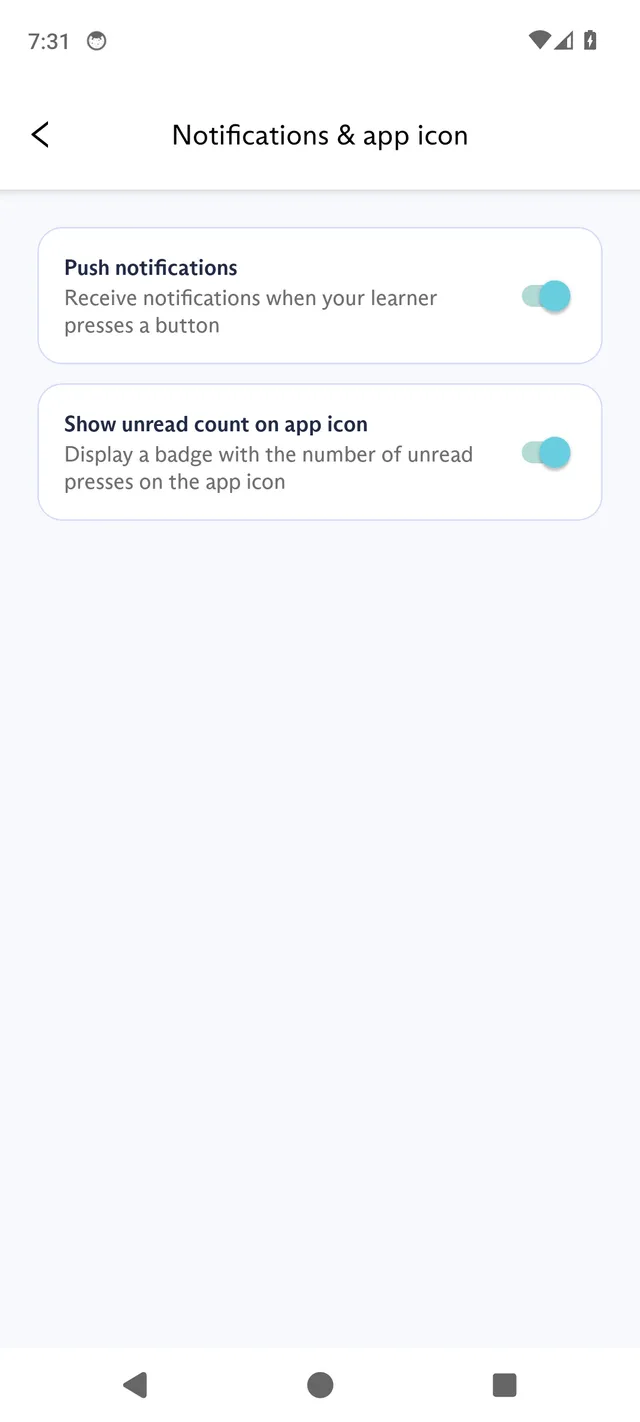 The Notifications & app icon screen in the FluentPet app, with the Push notifications and Show unread count on app icon switches.