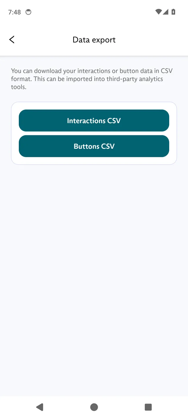 The Data export screen in the FluentPet app, with the description and the Interactions CSV and Buttons CSV buttons.