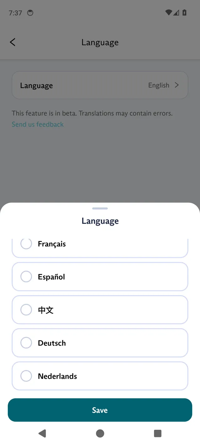 The Language sheet in the FluentPet app scrolled down, with Français, Español, 中文, Deutsch and Nederlands, and a Save button.