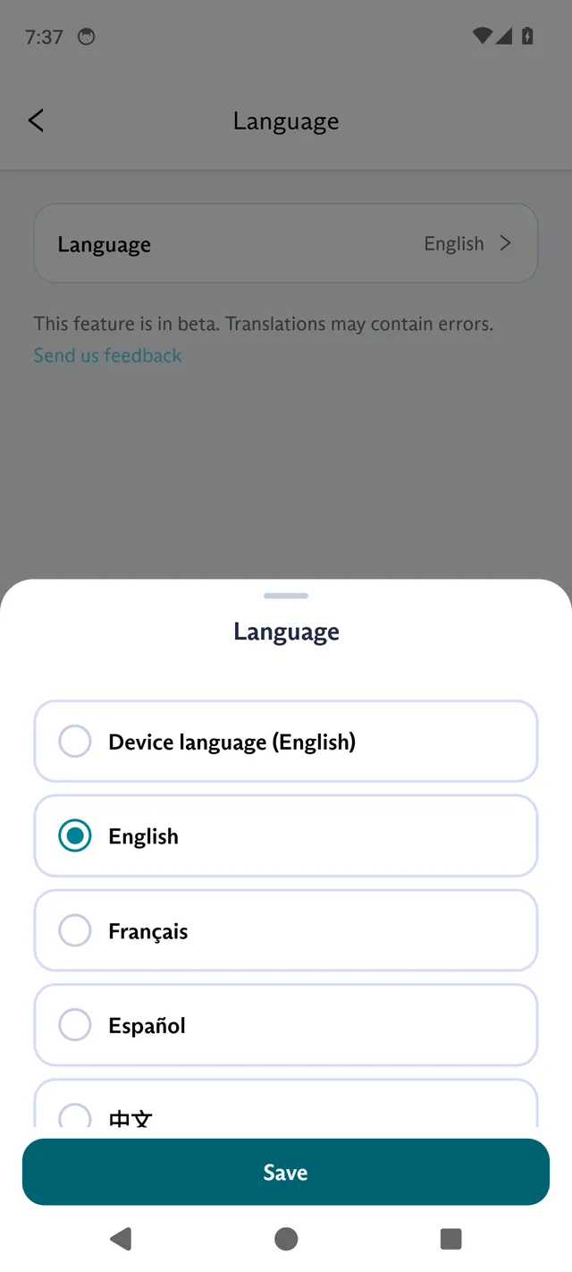 The Language sheet in the FluentPet app, with Device language (English), English, Français and Español, and a Save button.