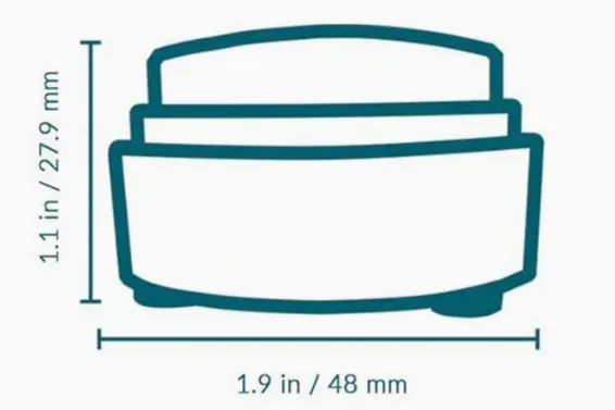 A drawing of a FluentPet button from the side, labeled 1.1 in (27.9 mm) high and 1.9 in (48 mm) wide.